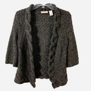 DKNY Jeans Wool Alpaca Blend Open Front Sweater Ruffled Details at Opening Gray